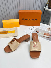 LV 26S CAPRI HIGH-HEELED MULES IN BROWN CALFSKIN AND BEIGE RAFFIA