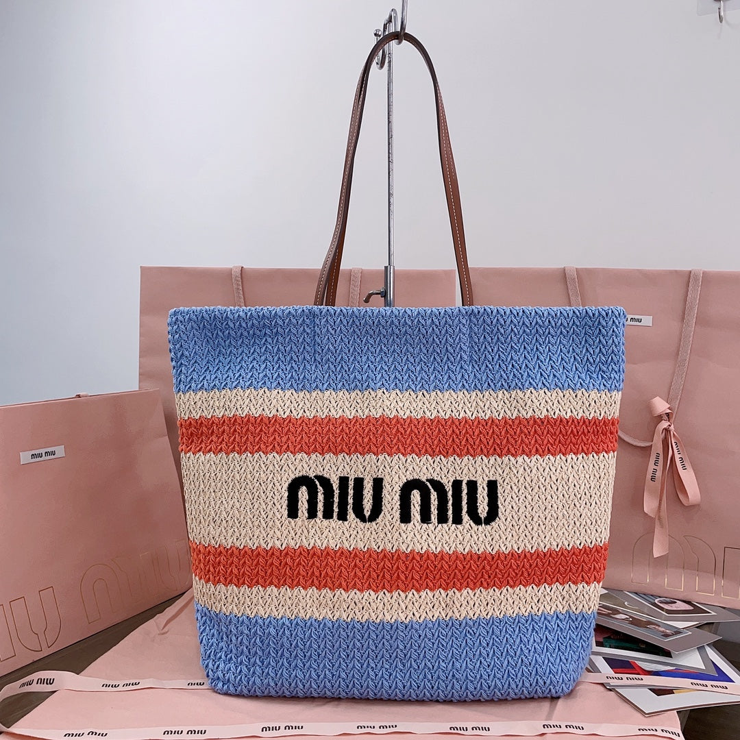 TOTE BAG 40 IN STRIPED PATTERN OF LIGHT BLUE ORANGE AND CREAM WHITE WOVEN RAFFIA