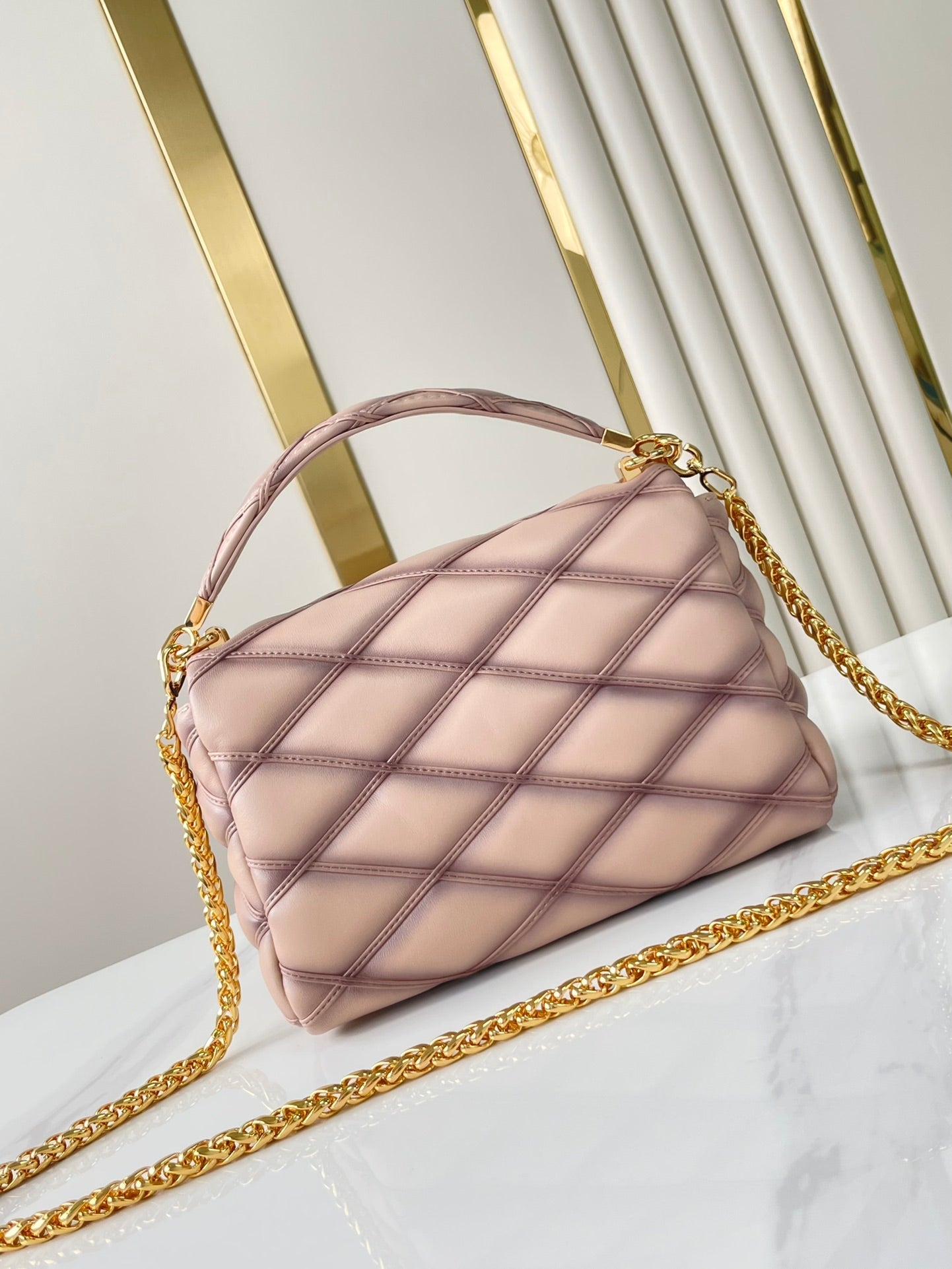 GO-14 MM 23 IN LIGHT PINK QUILTED LAMBSKIN GOLD HARDWARE