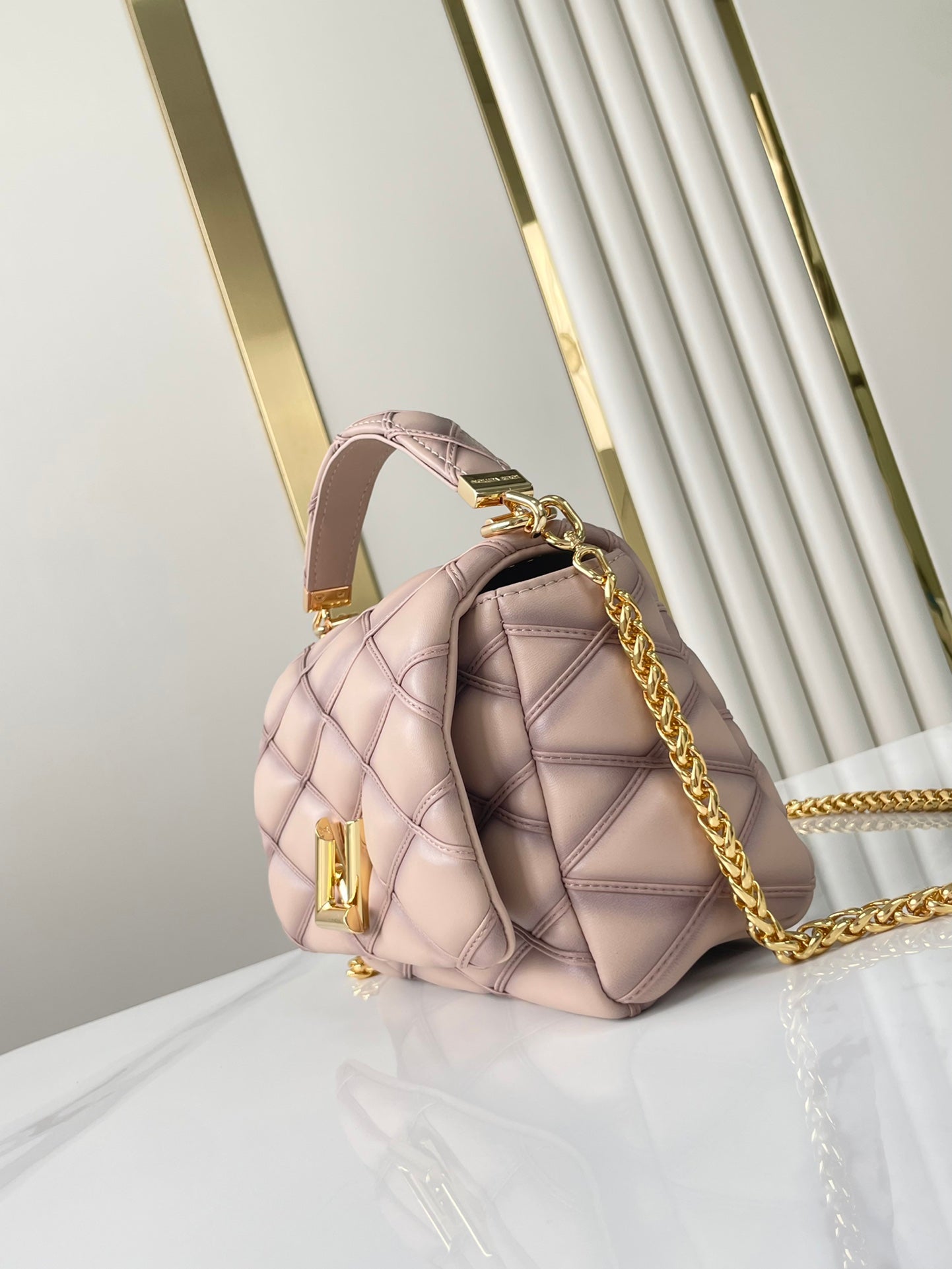 GO-14 MM 23 IN LIGHT PINK QUILTED LAMBSKIN GOLD HARDWARE