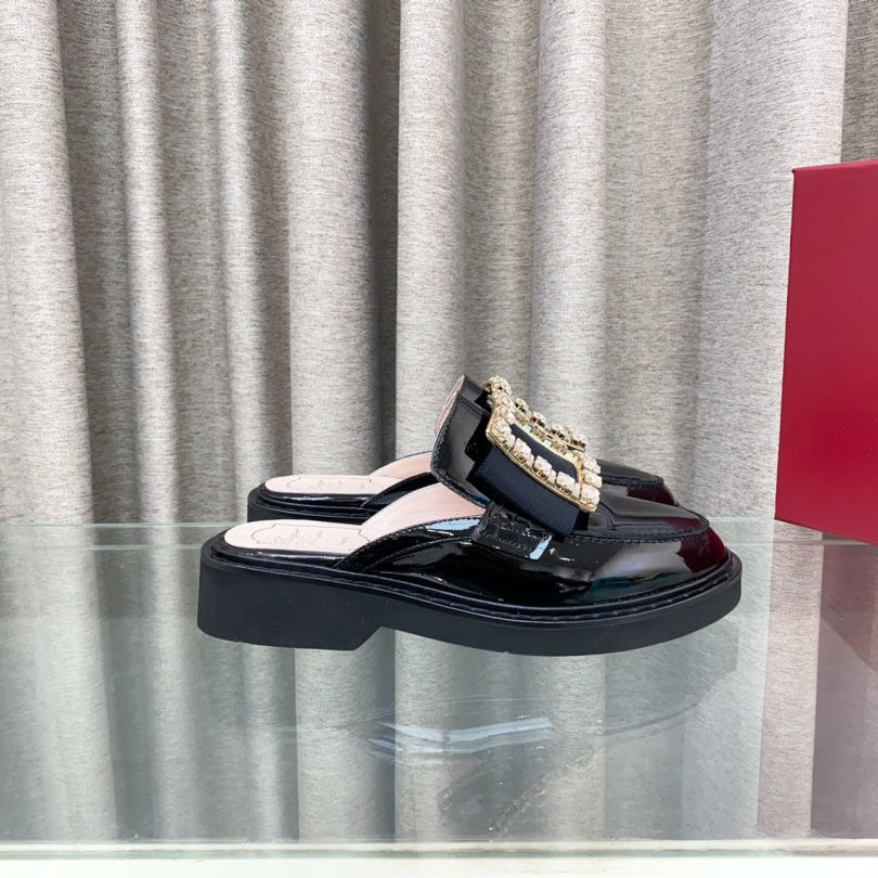 VIV' RANGERS MULES IN BLACK PATENT CALFSKIN CRYSTAL BUCKLE