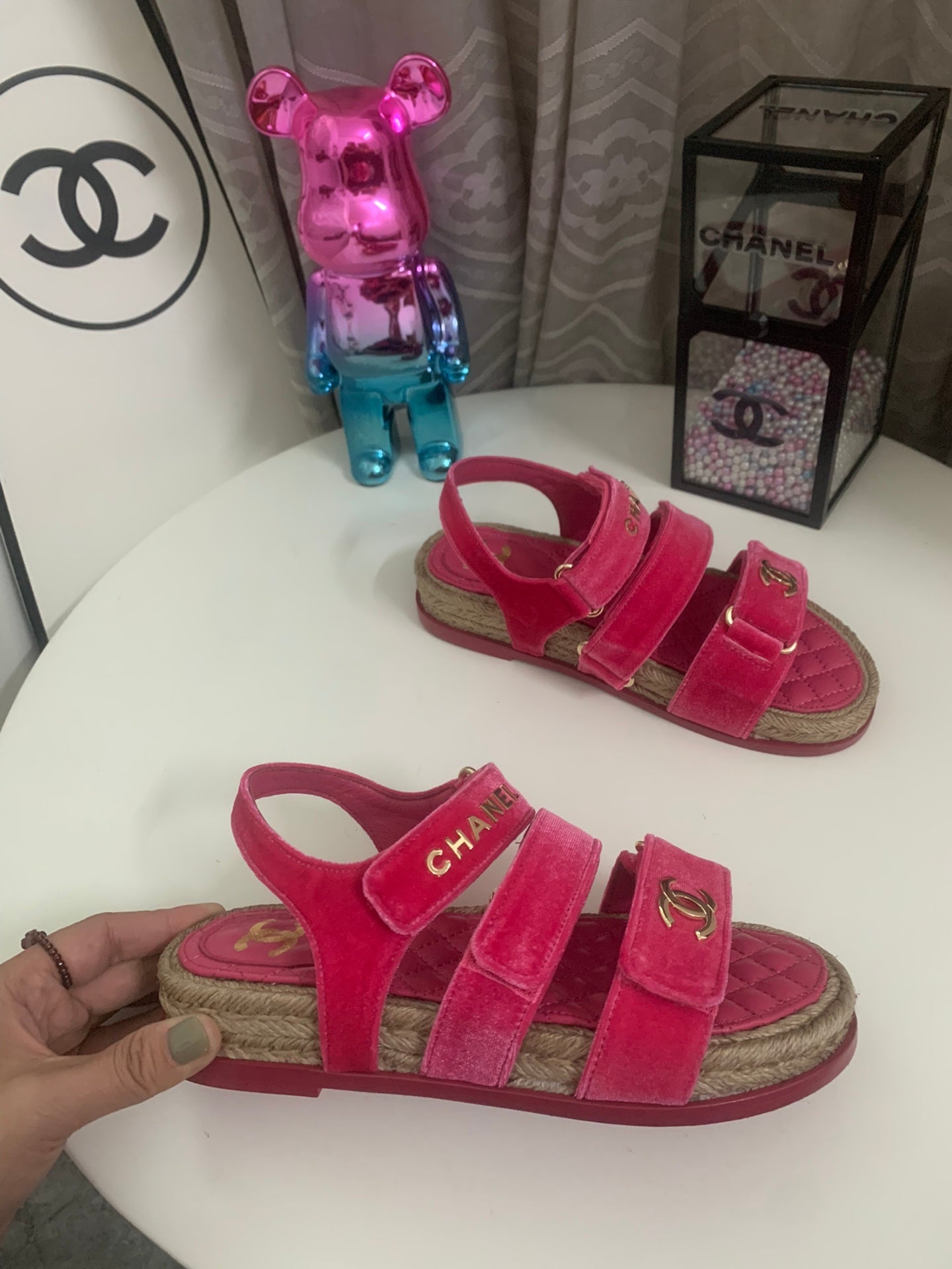 CC DAD SANDALS IN HOT PINK VELVET AND CALFSKIN