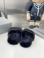 BALENCIAGA 25S FUR SLIPPERS IN BLACK FAUX SHEARLING