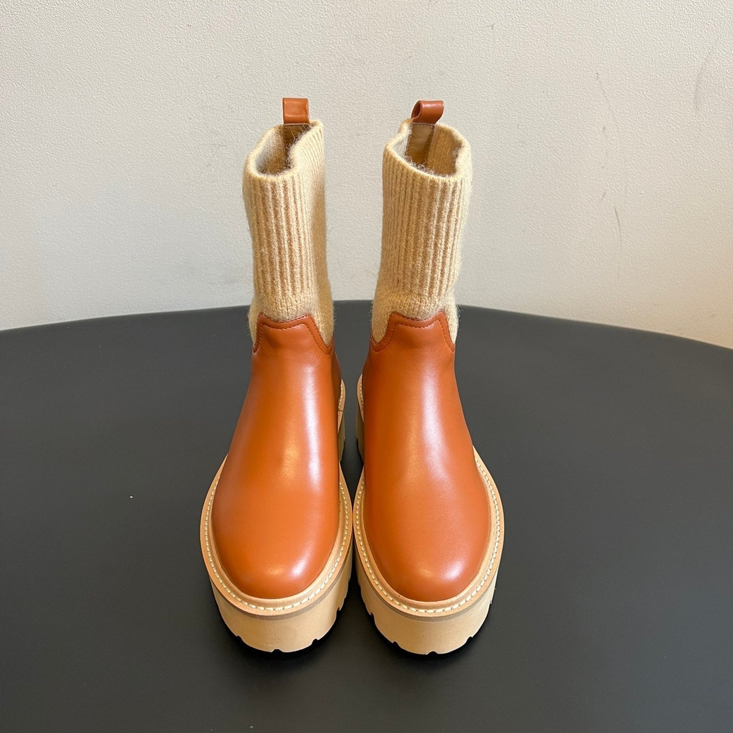 CELINE 26S ANKLE BOOTS 60 MM IN ORANGE BROWN CALFSKIN AND BEIGE WOOL