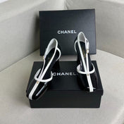 CHANEL 26S MARY JANES 85MM IN BLACK AND WHITE PATENT CAFLSKIN