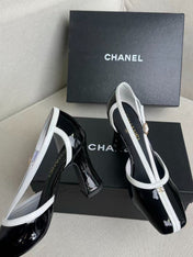 CHANEL 26S MARY JANES 85MM IN BLACK AND WHITE PATENT CAFLSKIN
