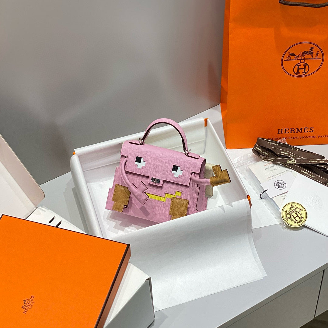 KELLY DOLL PICTO MINI 18 PINK MIX BROWN CALFSKIN