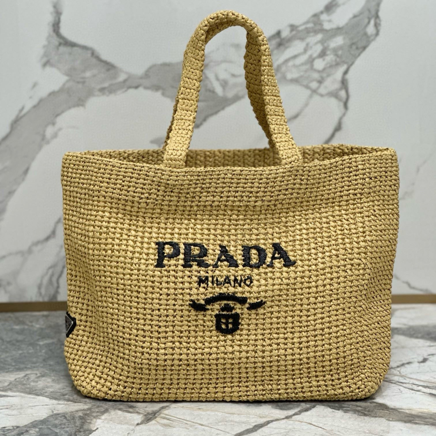 Prada 40 Cm Raffia Crochet Neutral Straw Tote Bag