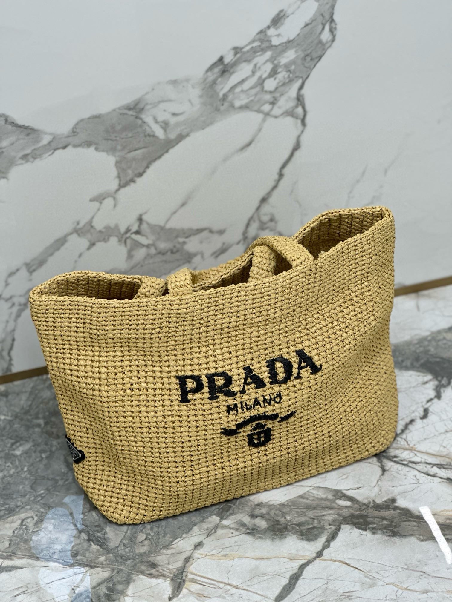 Prada 40 Cm Raffia Crochet Neutral Straw Tote Bag
