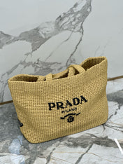Prada 40 Cm Raffia Crochet Neutral Straw Tote Bag