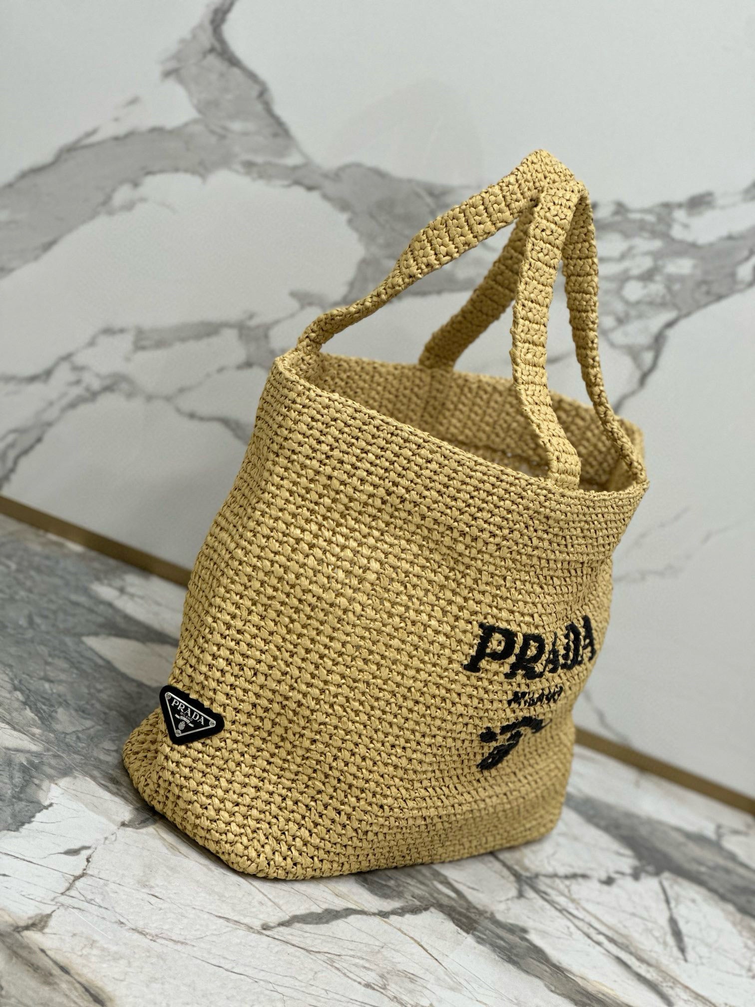 Prada 40 Cm Raffia Crochet Neutral Straw Tote Bag