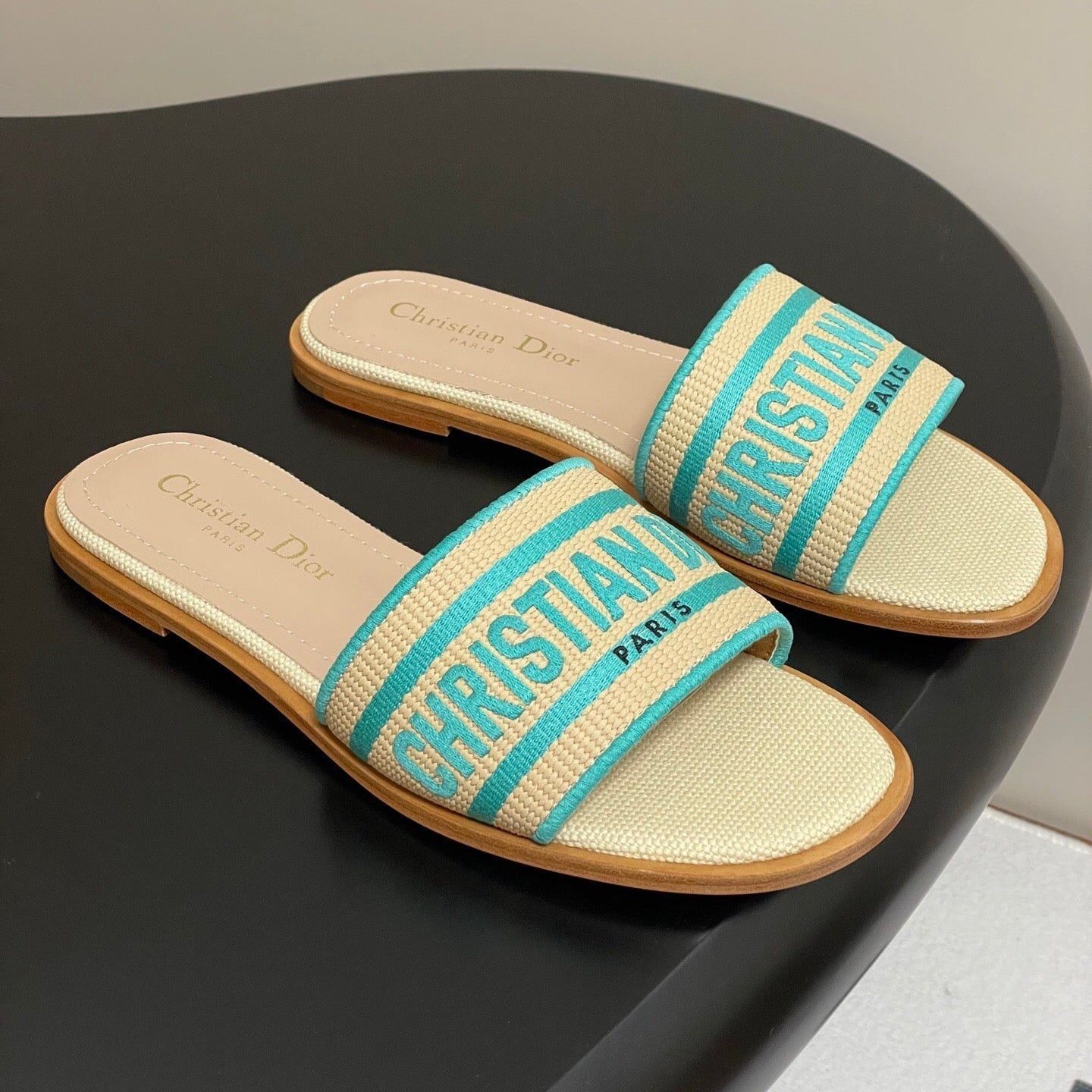 DWAY SLIDES IN BEIGE TURQUOISE CANVAS