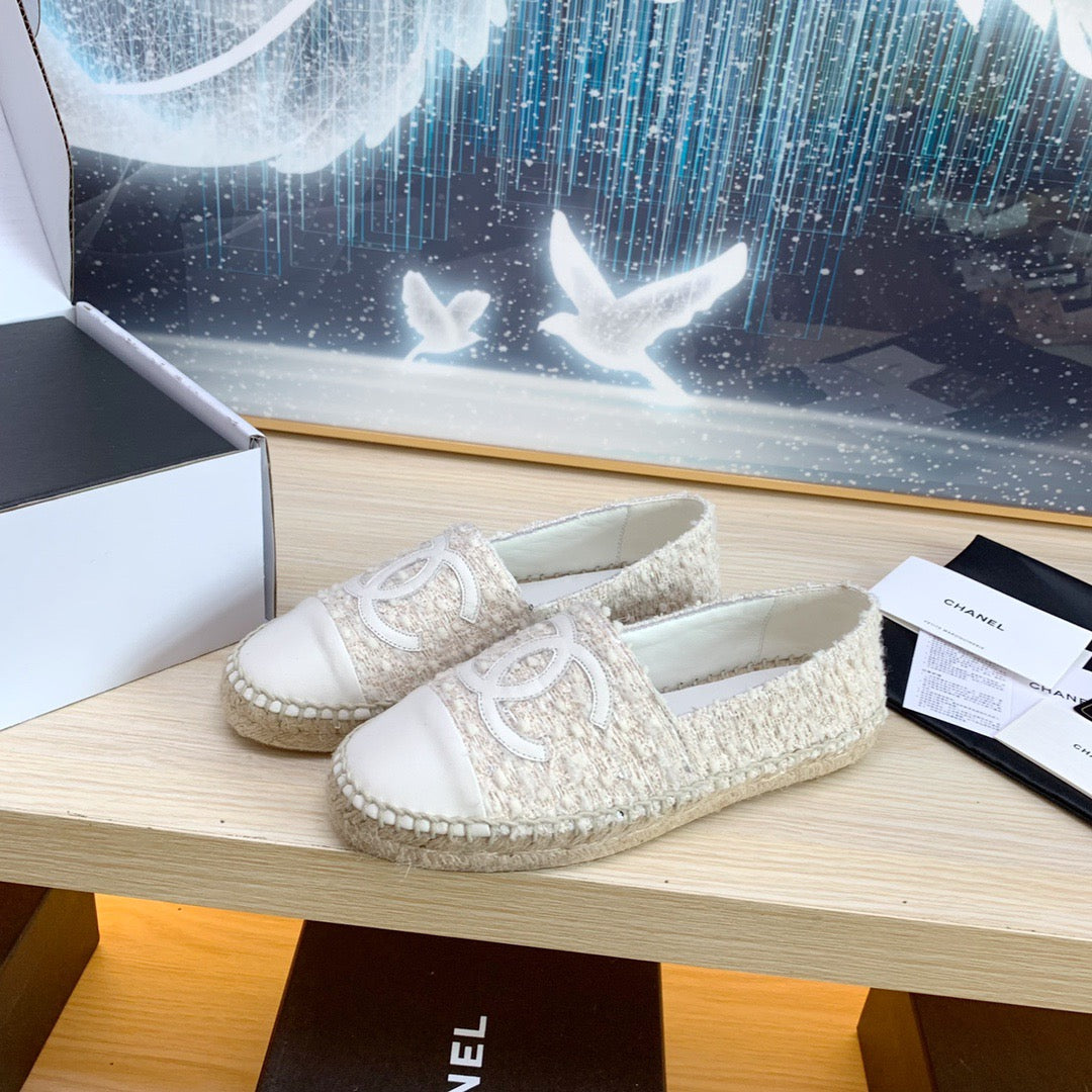 CC ESPADRILLES FLAT SHOES IN BEIGE TWEED AND LEATHER