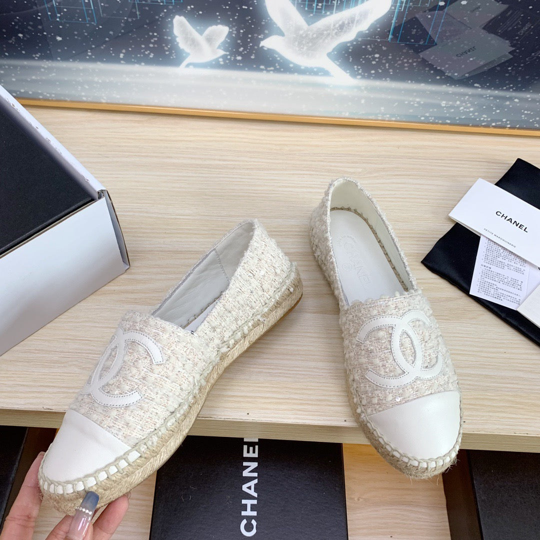 CC ESPADRILLES FLAT SHOES IN BEIGE TWEED AND LEATHER