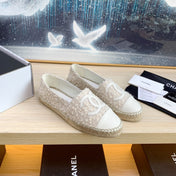 CC ESPADRILLES FLAT SHOES IN BEIGE TWEED AND LEATHER