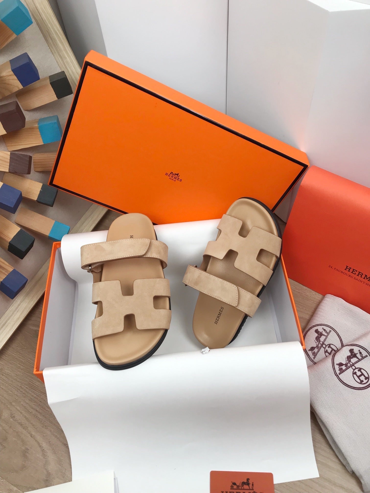 IZMIR SANDALS BEIGE SUEDE WITH SIGNATURE H CUT-OUT DESIGN