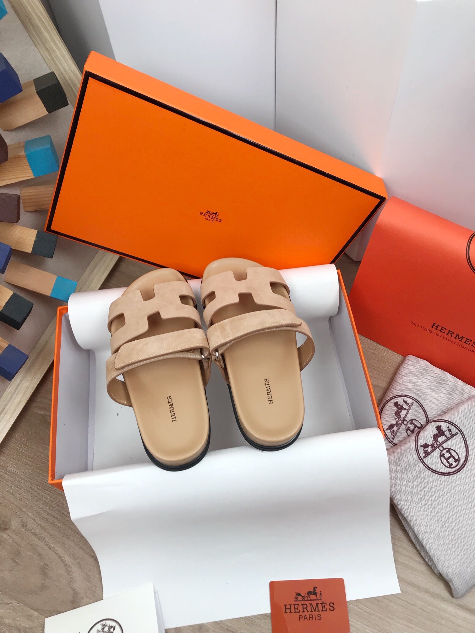 IZMIR SANDALS BEIGE SUEDE WITH SIGNATURE H CUT-OUT DESIGN
