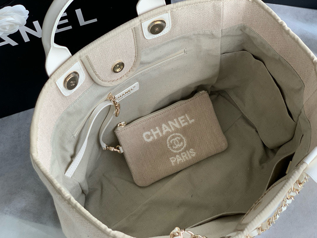 SHOPPING BAG 38 IN BEIGE AND WHITE CANVAS
