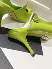 PRA 75 POINTED SATIN MULES IN GREEN FLEECE HEEL