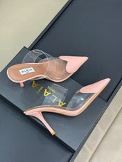 ALAIA HIGH MULES IN LIGHT PINK PATENT CALFSKIN AND FILM