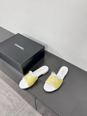 CC STRIPED SLIDE SANDALS IN YELLOW AND WHITE CANVAS