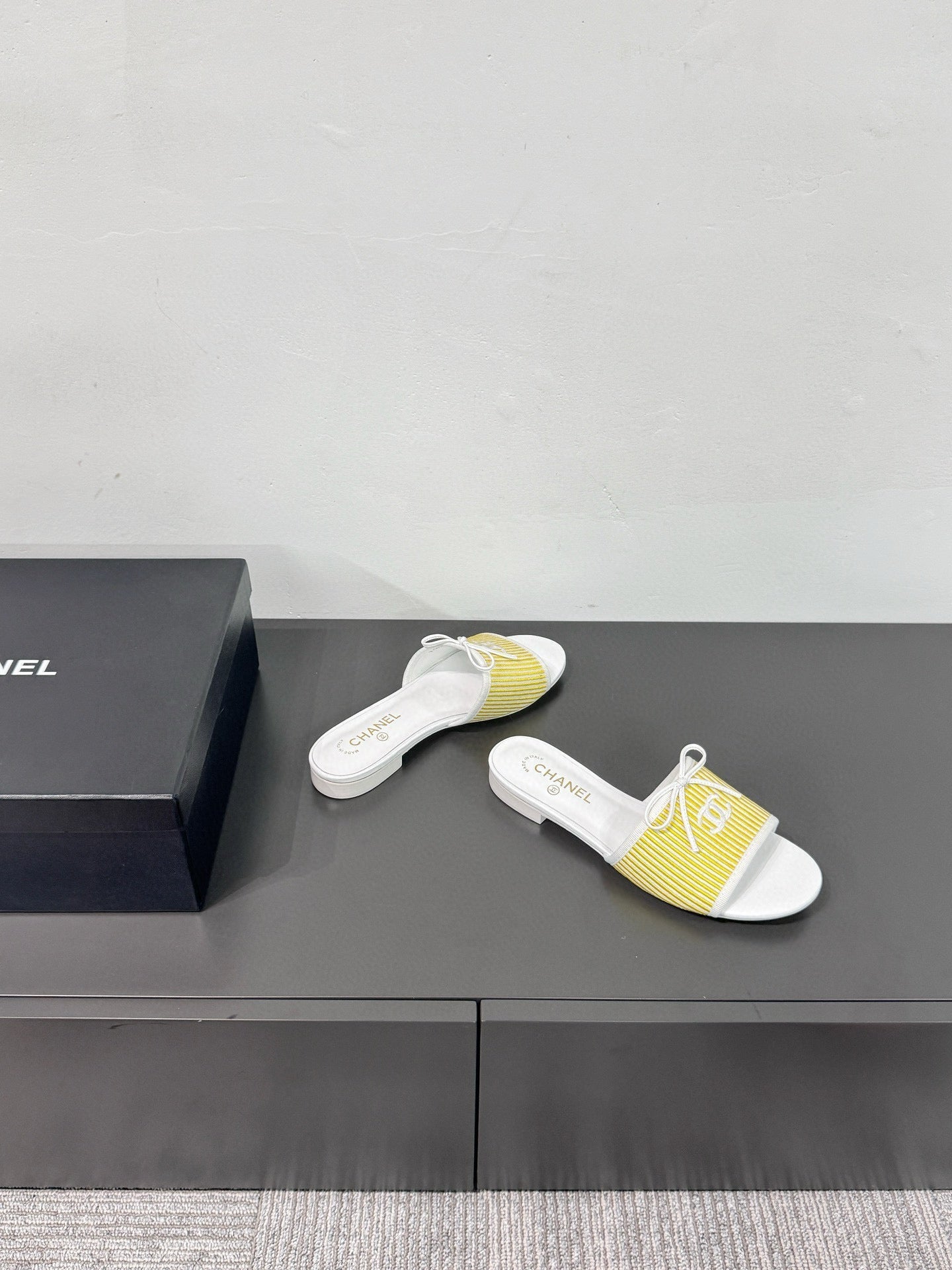 CC STRIPED SLIDE SANDALS IN YELLOW AND WHITE CANVAS