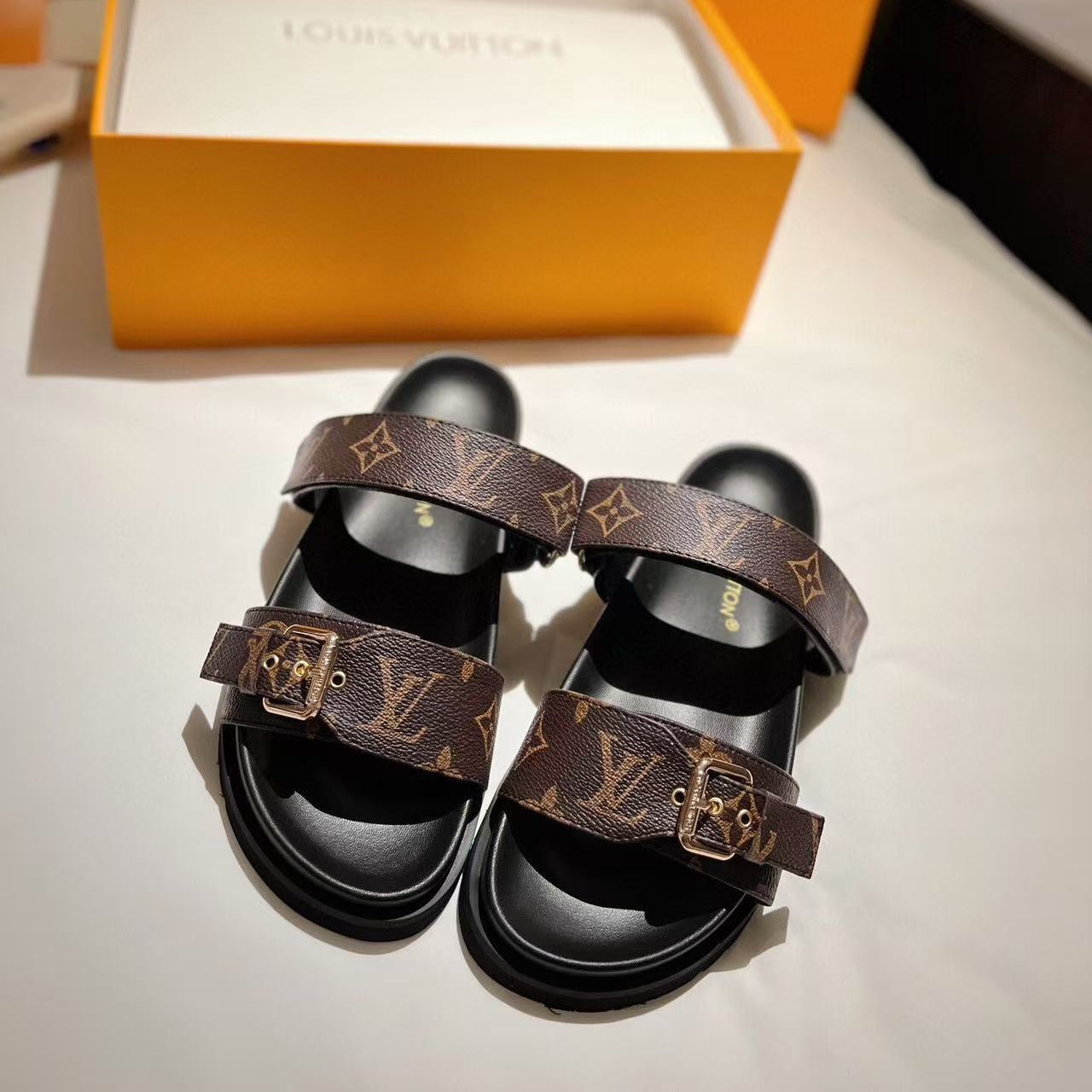 LV GOLD BUCKLE SANDALS IN BROWN MONOGRAM CANVAS