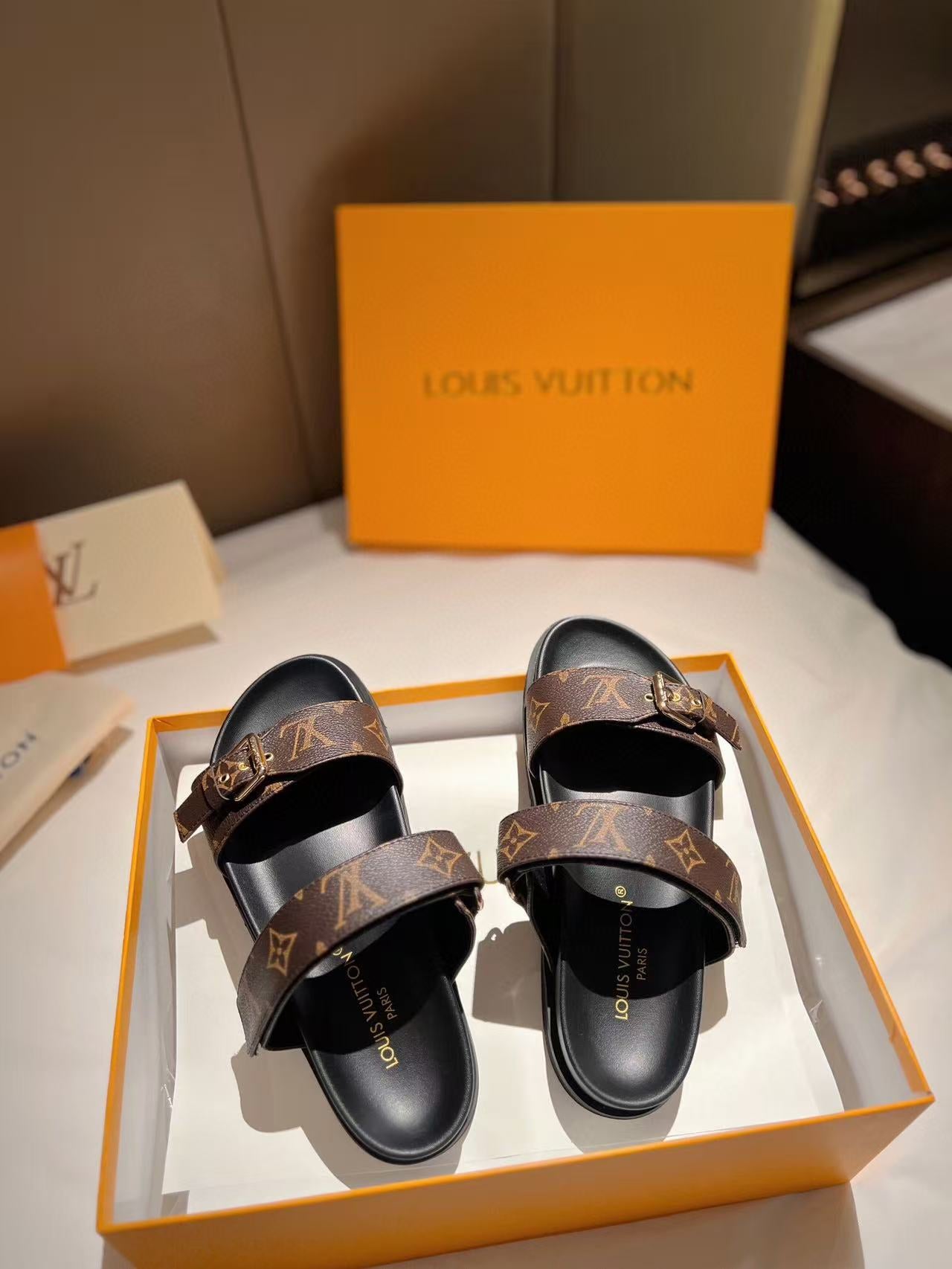LV GOLD BUCKLE SANDALS IN BROWN MONOGRAM CANVAS