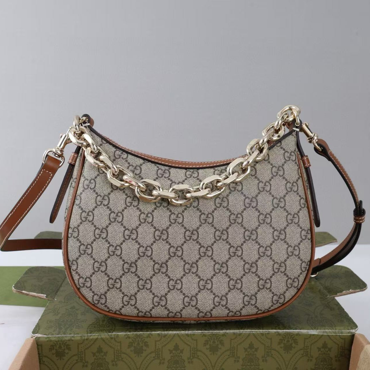 GG SHOULDER BAG 25 IN DARK BEIGE MONOGRAM CANVAS MIX CALFSKIN