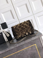 CC 20 SEQUINS FLAP BAG IN BLACK MIX BROWN