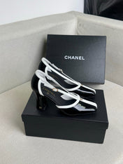 CHANEL 26S MARY JANES 85MM IN BLACK AND WHITE PATENT CAFLSKIN
