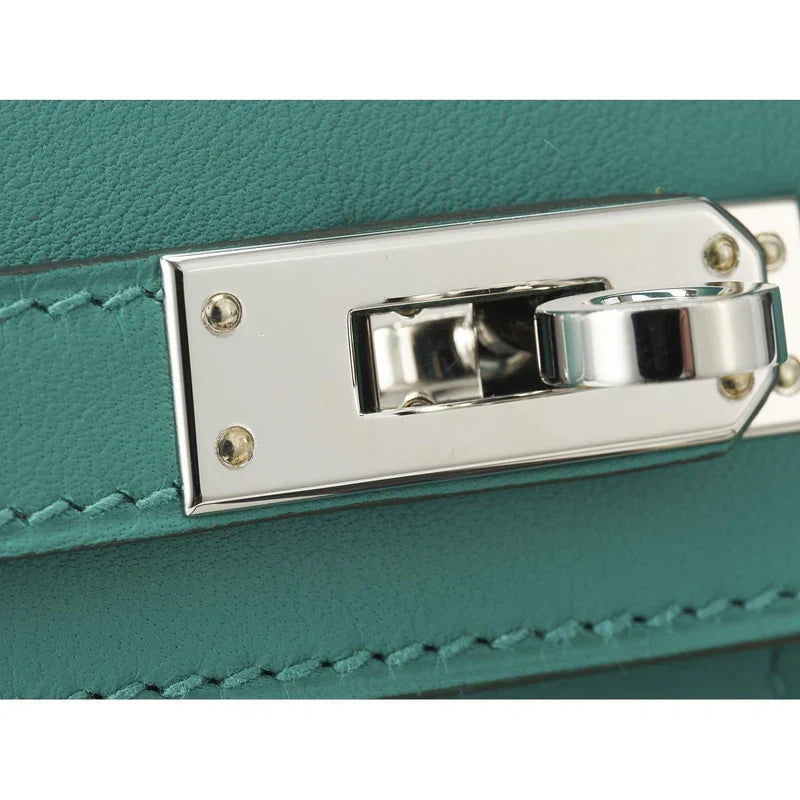 KELLY 20CM JAUNE DE NAPLES SWIFT IN TURQUOISE LEATHER AND WICKER SILVER HARDWARE