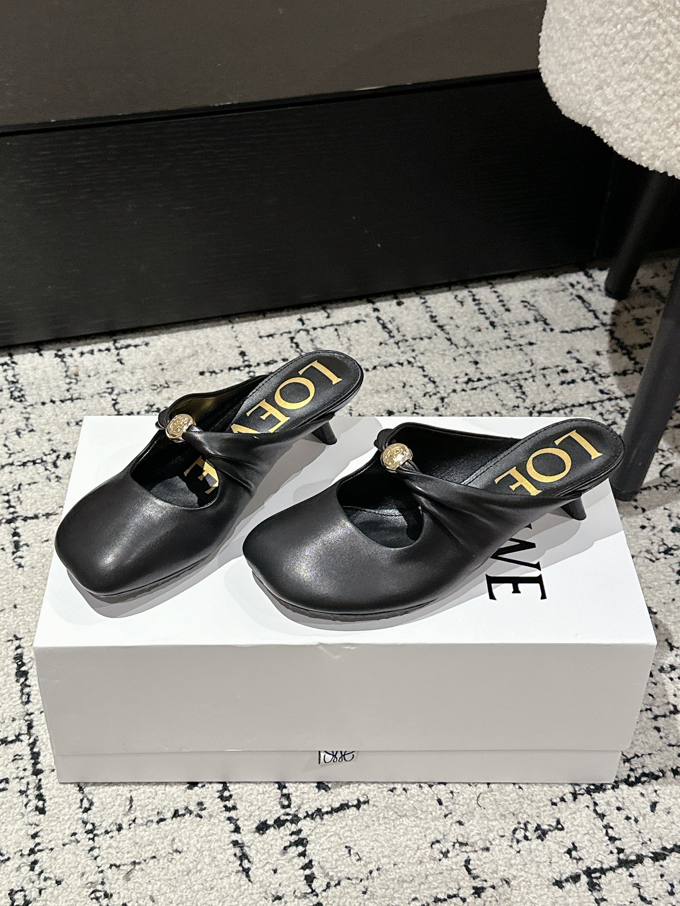 LOEWE 26S HIGH-HEELED MULES IN BLACK CALFSKIN