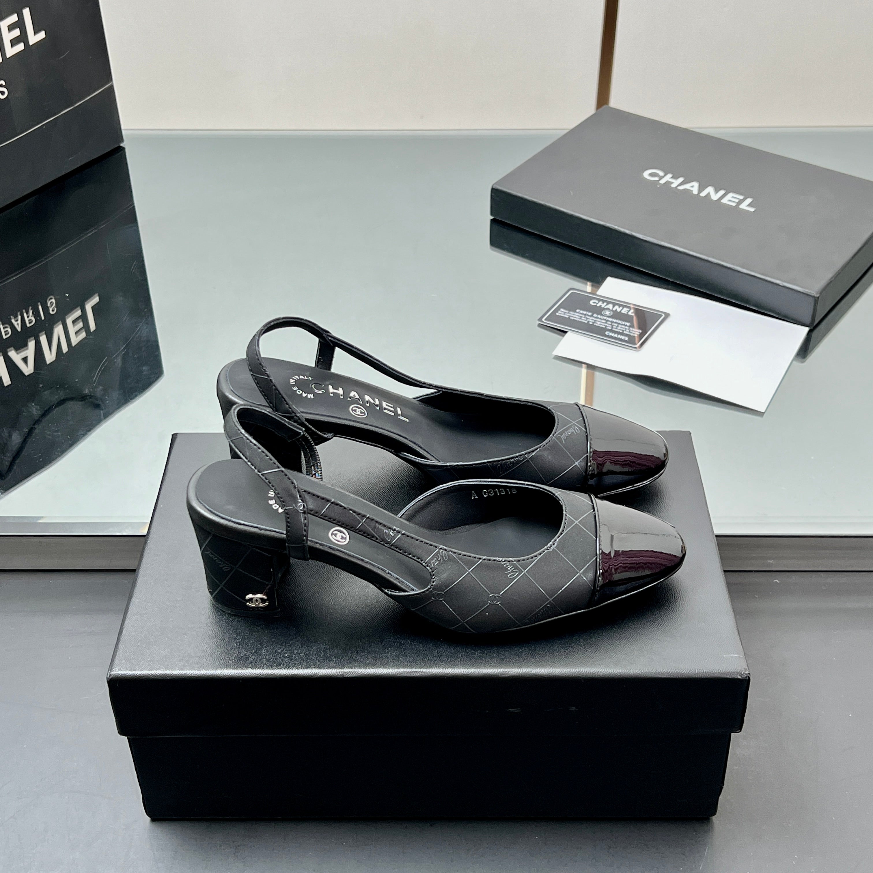 CC SLINGBACK 25S 65 MM IN BLACK LAMBSKIN WITH CHECK PATTERN