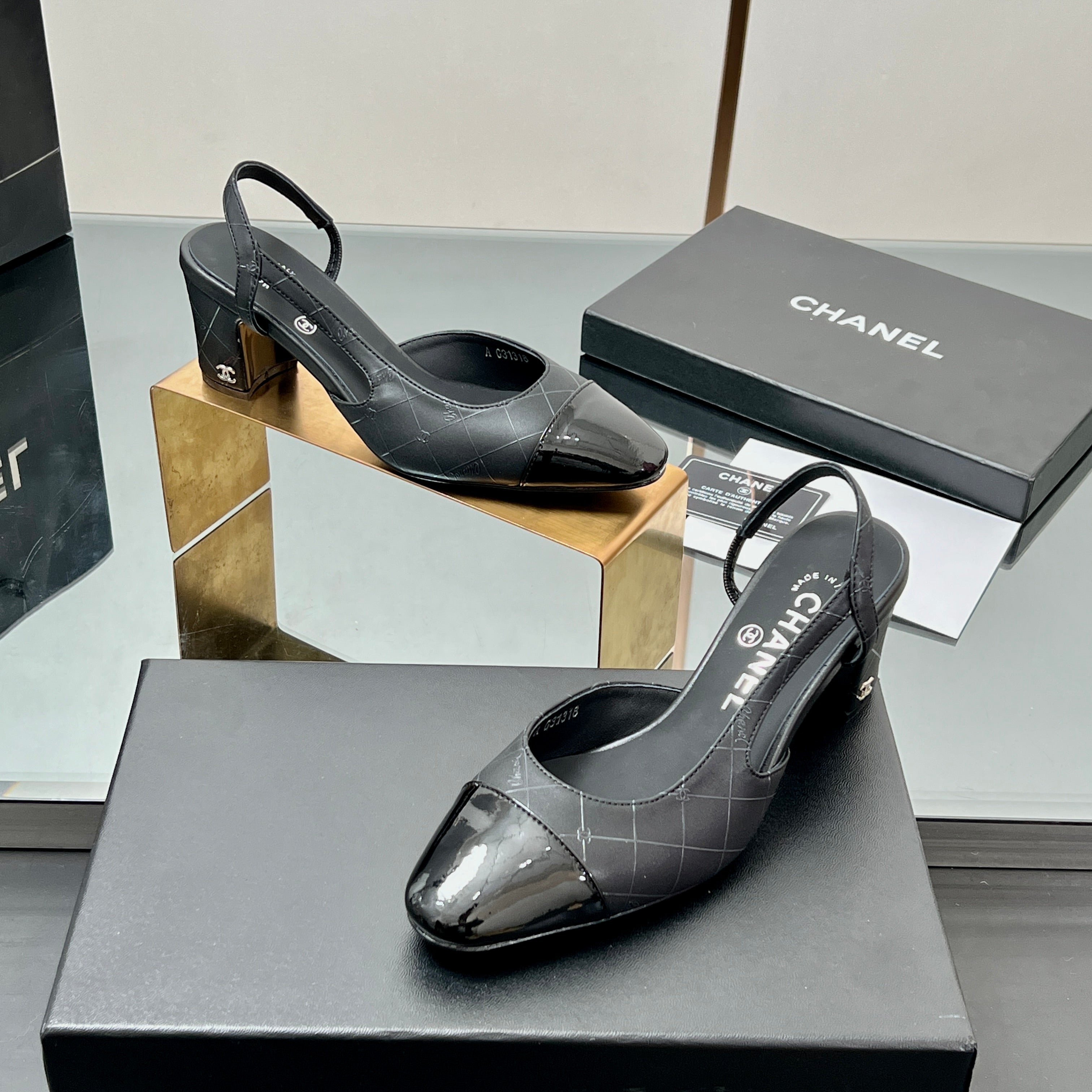 CC SLINGBACK 25S 65 MM IN BLACK LAMBSKIN WITH CHECK PATTERN
