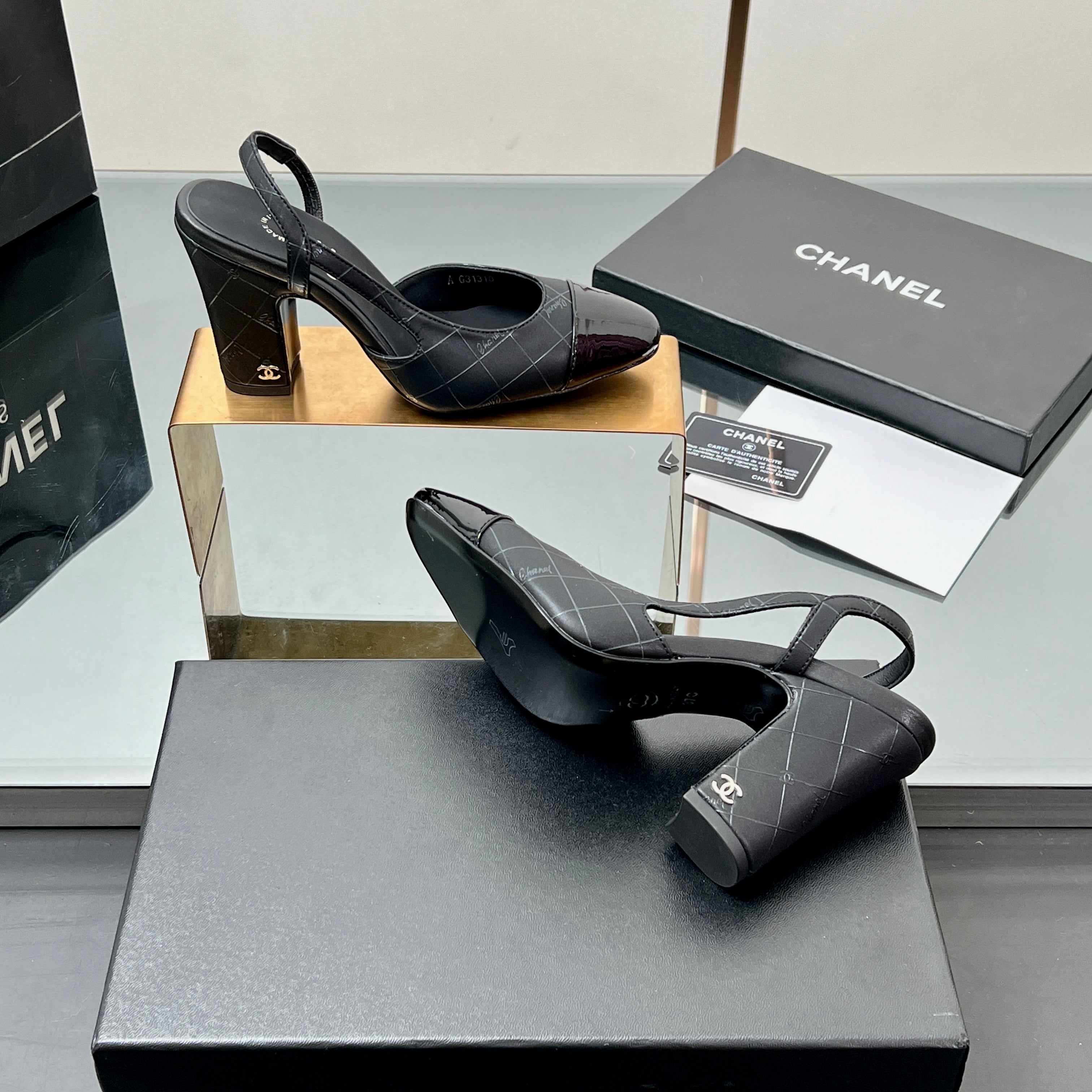 CC SLINGBACK 25S 90 MM IN BLACK LAMBSKIN WITH CHECK PATTERN