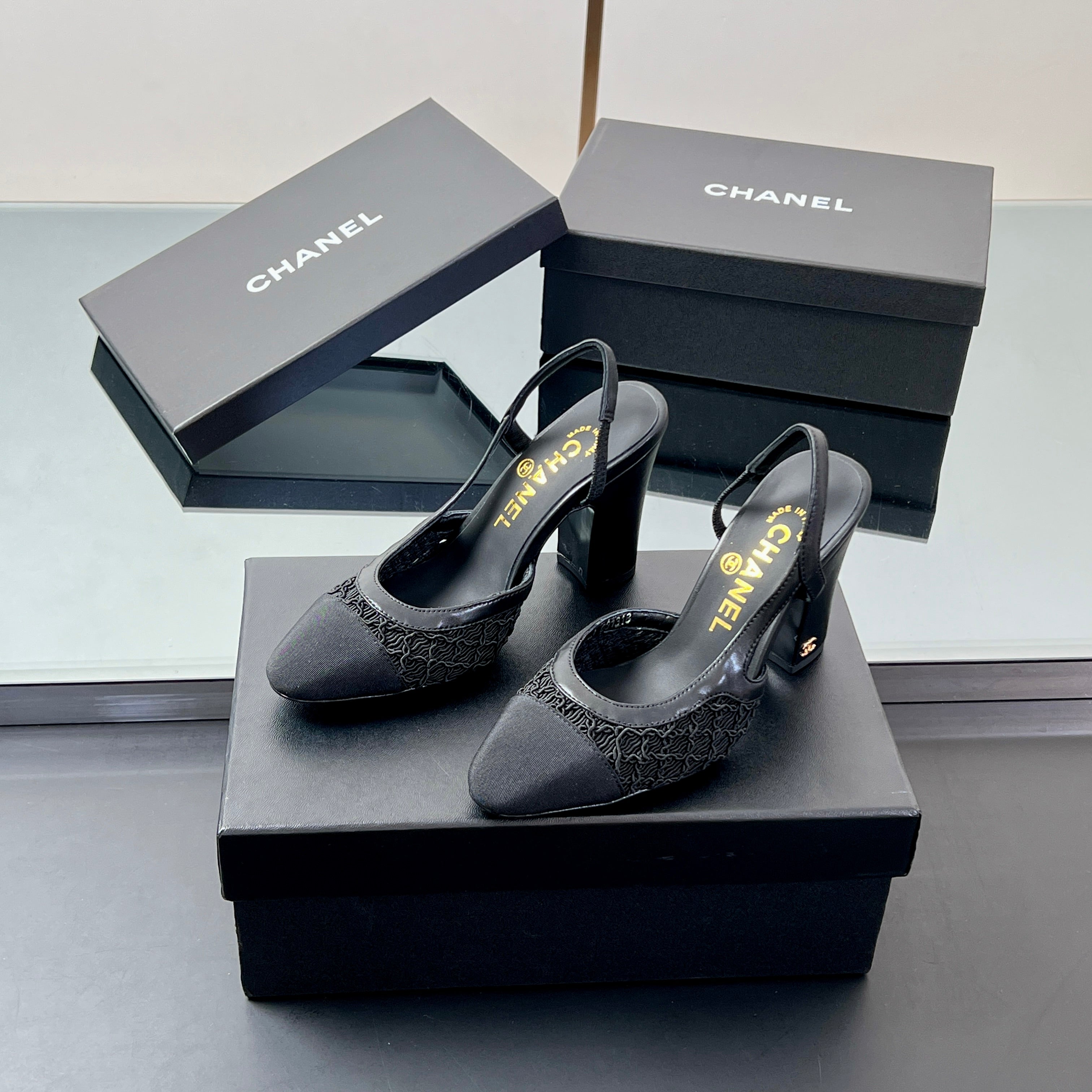 CC SLINGBACK 25S 95 MM IN BLACK FABRIC AND LAMBSKIN