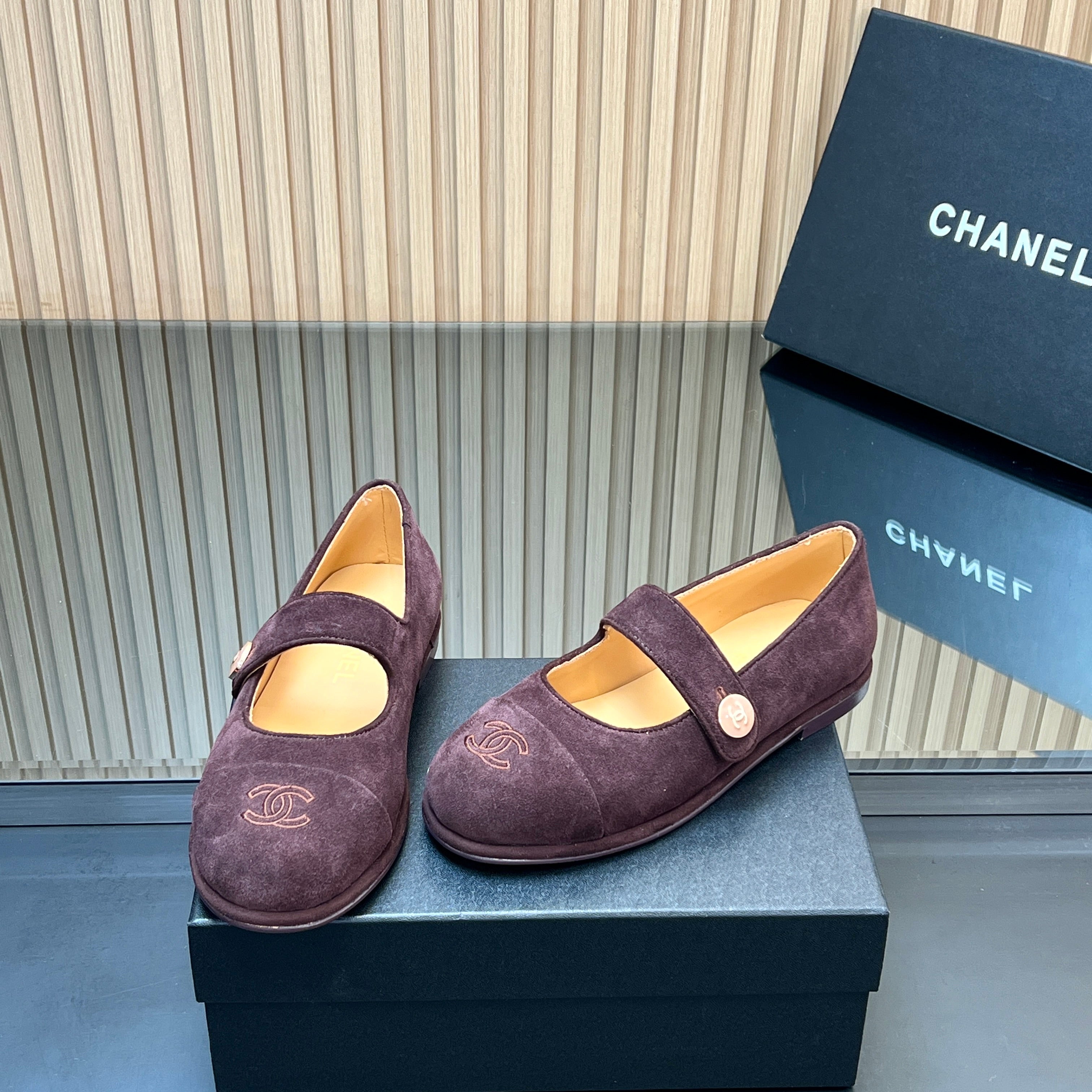 CHANEL 25S DOUBLE-STRAP MARY JANE SHOES IN DARK PURPLE SUEDE