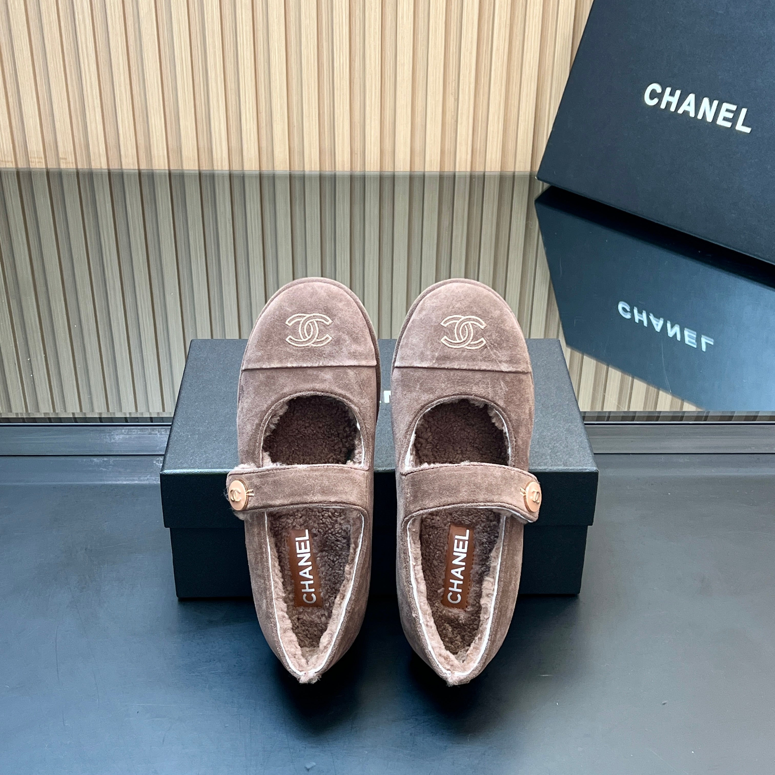 CHANEL 25S FURRY MARY JANE SHOES IN TAUPE GRAY SUEDE