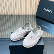 CHANEL 25S BACK STRAP MULE 15MM IN LIGHT PURPLE SUEDE AND WOOL SILVER HARDWARE