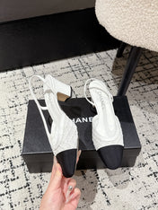 HIGH SLINGBACK 25S IN WHITE FABRIC AND BLACK CALFSKIN CANVAS