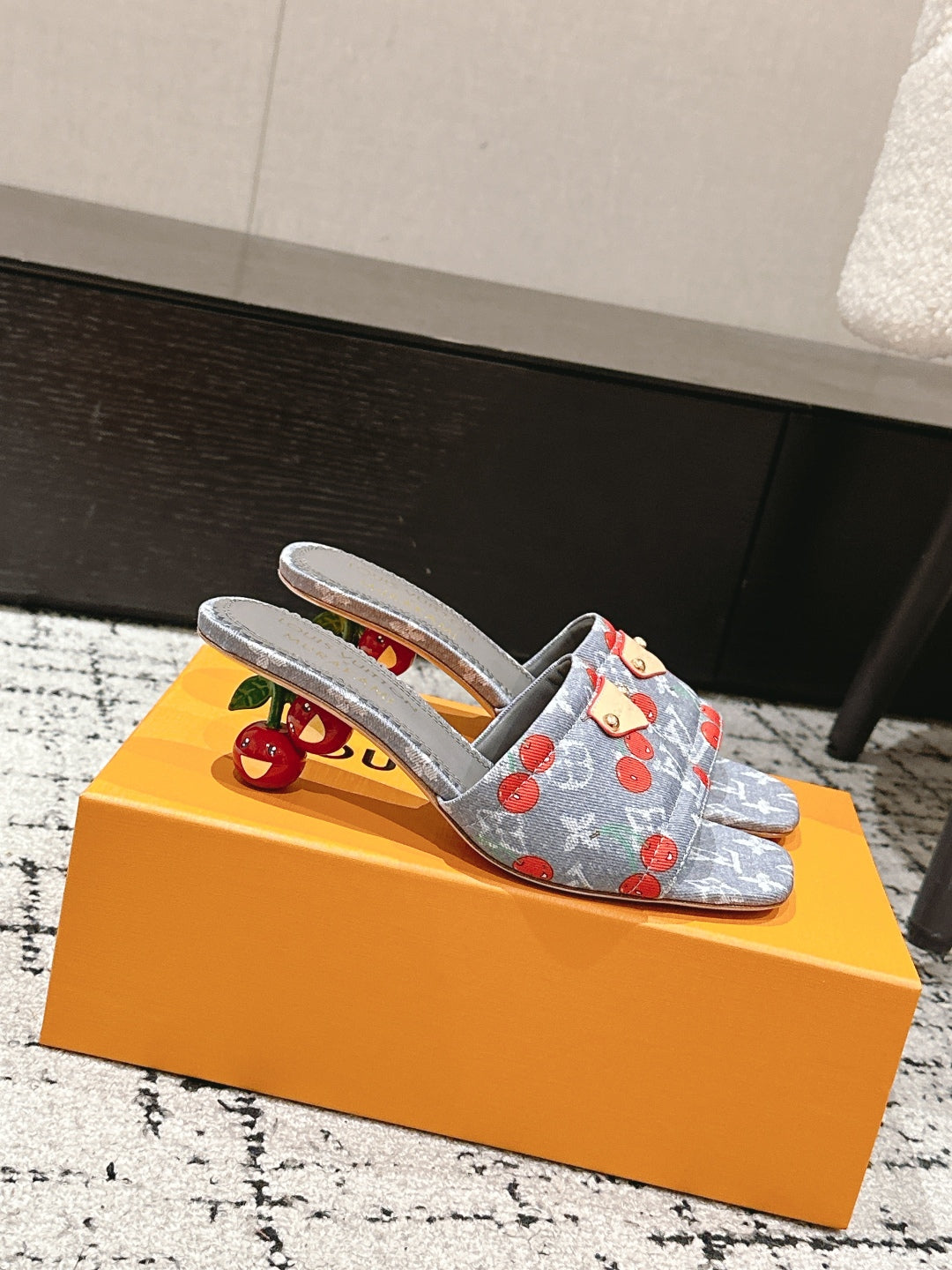 LV CHERRY HIGH HEELS 25S 55 MM IN GREY DENIM STYLE 7