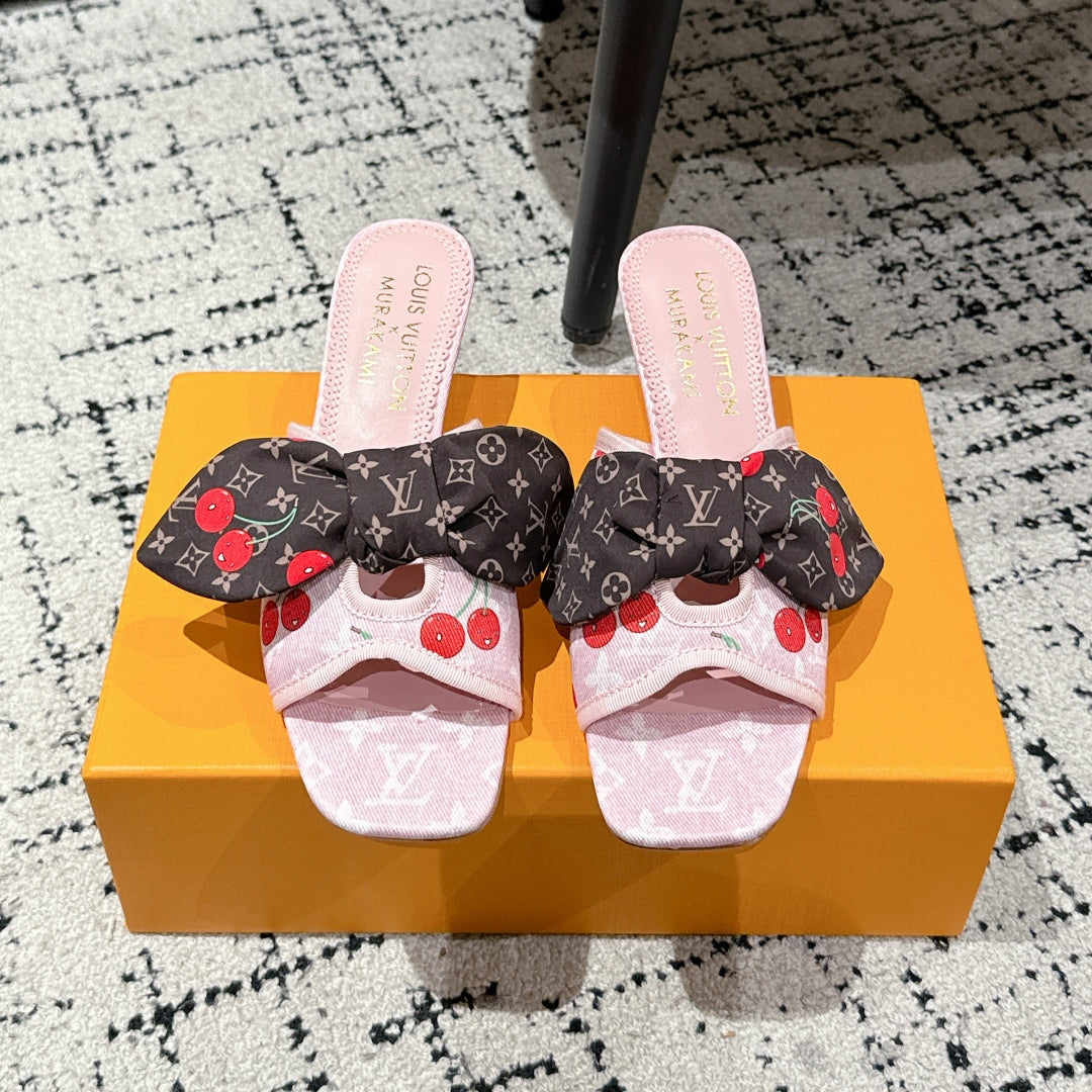 LV CHERRY HIGH HEELS 25S IN LIGHT PINK DENIM WITH BOW STYLE 4