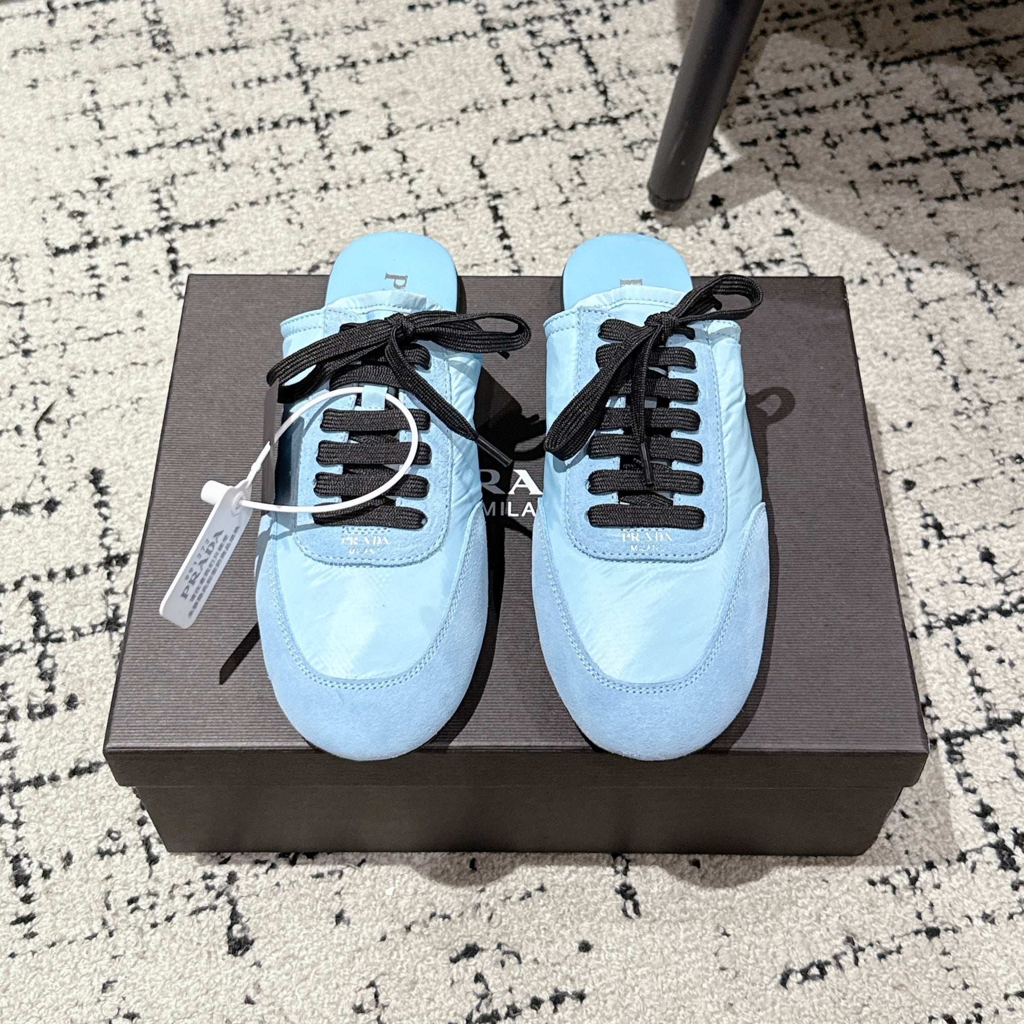 PRADA 25S DEXUN MULE IN LIGHT BLUE SUEDE LEATHER
