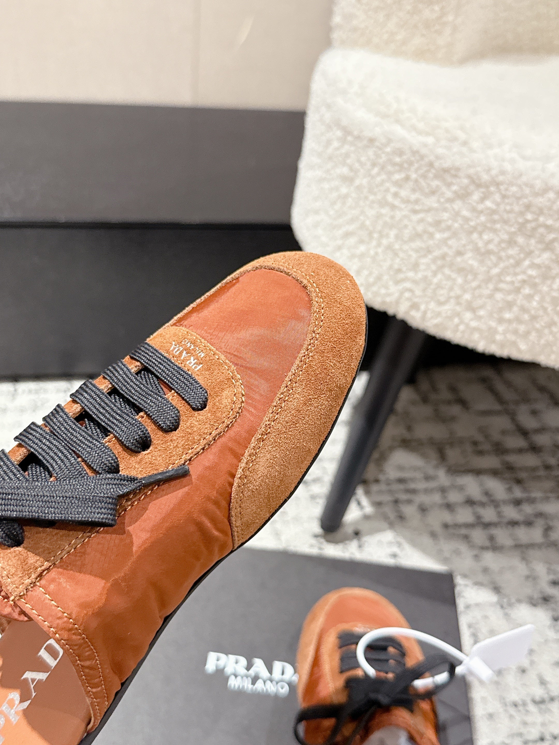 PRADA 25S DEXUN MULE IN BURNT ORANGE SUEDE LEATHER