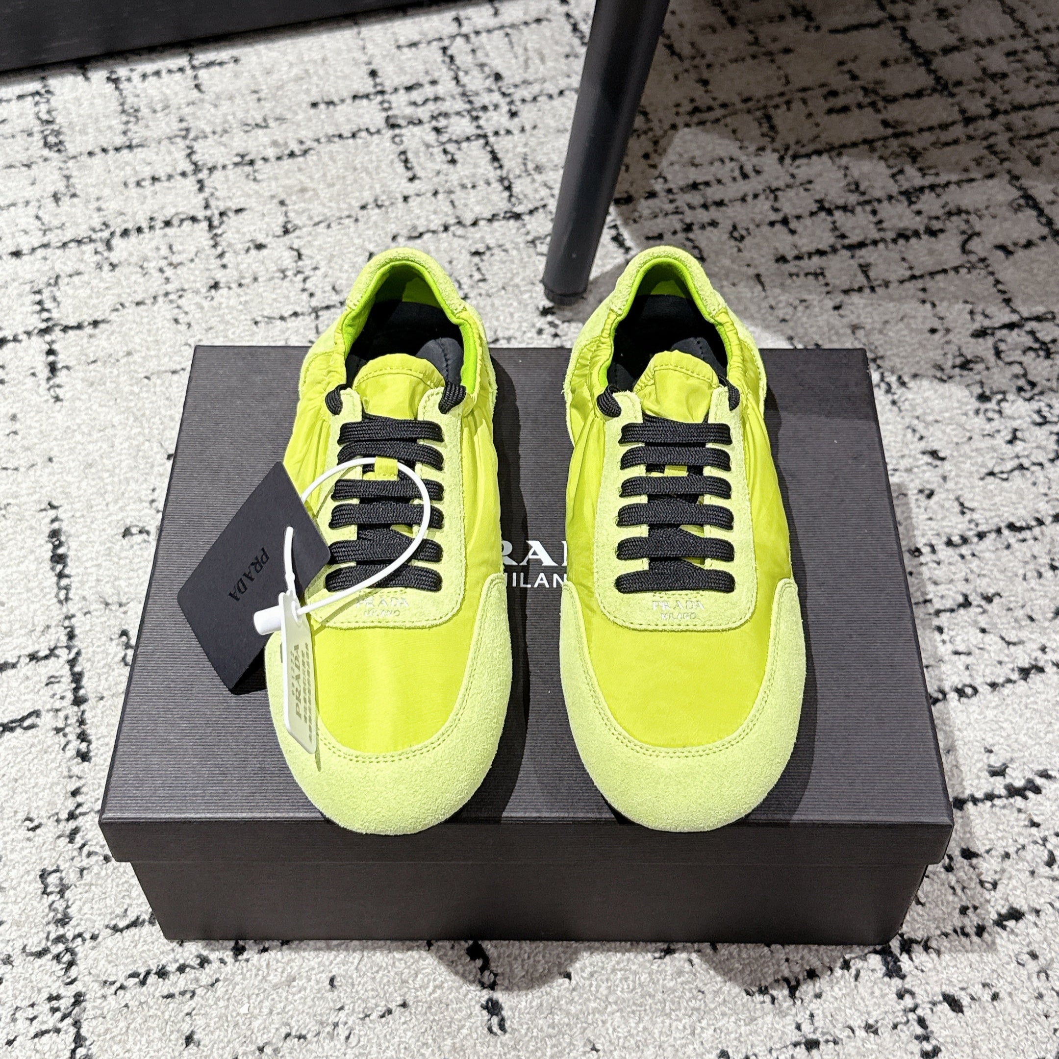 PRADA 25S COLLAPSE SNEAKERS IN LIME GREEN RE NYLON AND SUEDE