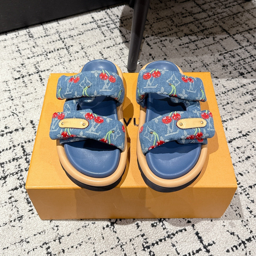 LV MIAMI DOUBLE-STRAP SANDALS 25S IN BLUE DENIM AND CALFSKIN
