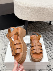 PRADA 25S FISHERMAN OPEN TOE SANDALS IN BURNT ORANGE CALFSKIN
