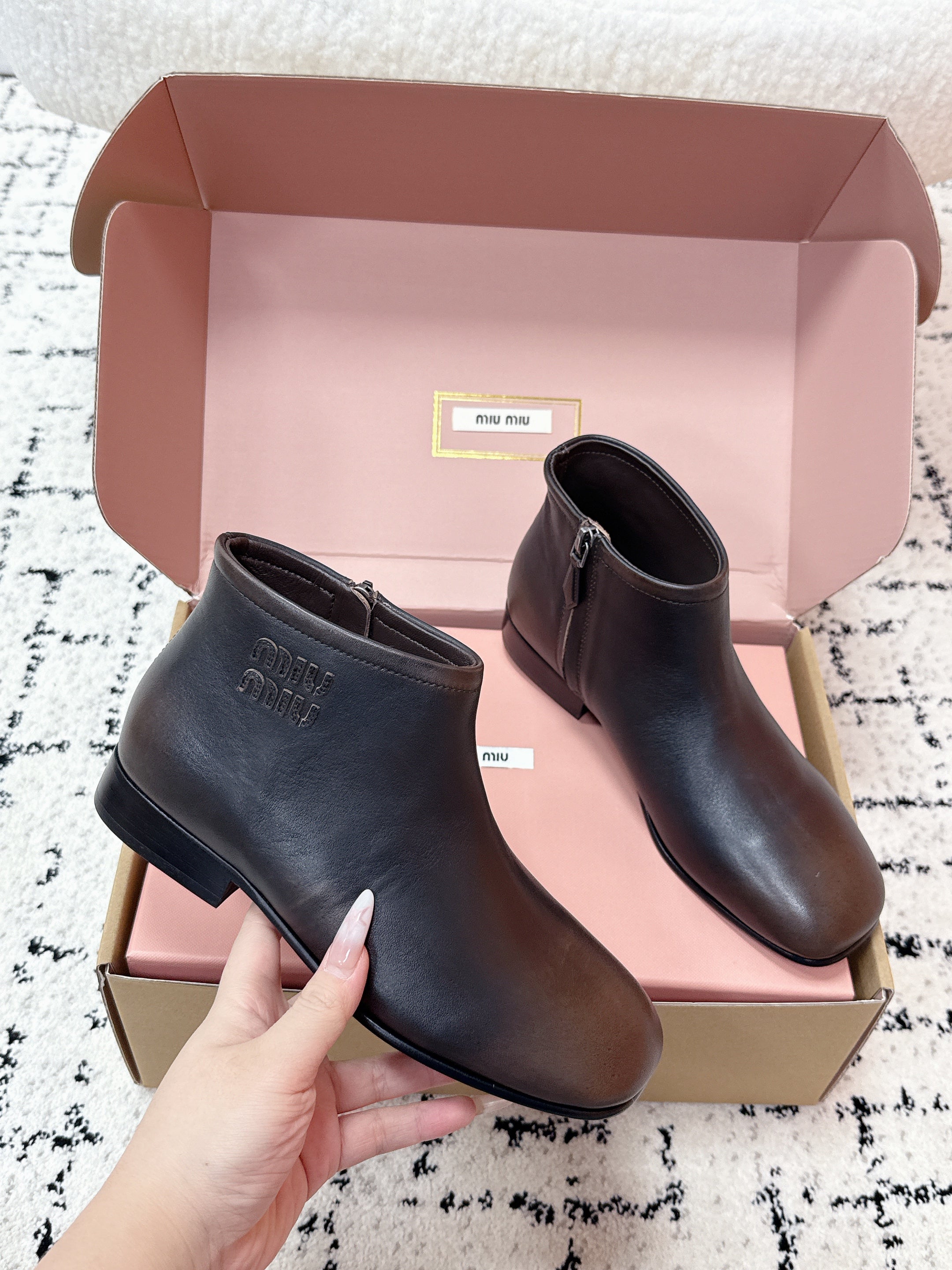 MIUMIU 26S BOOTIES IN DARK BROWN  FUME CALFSKIN