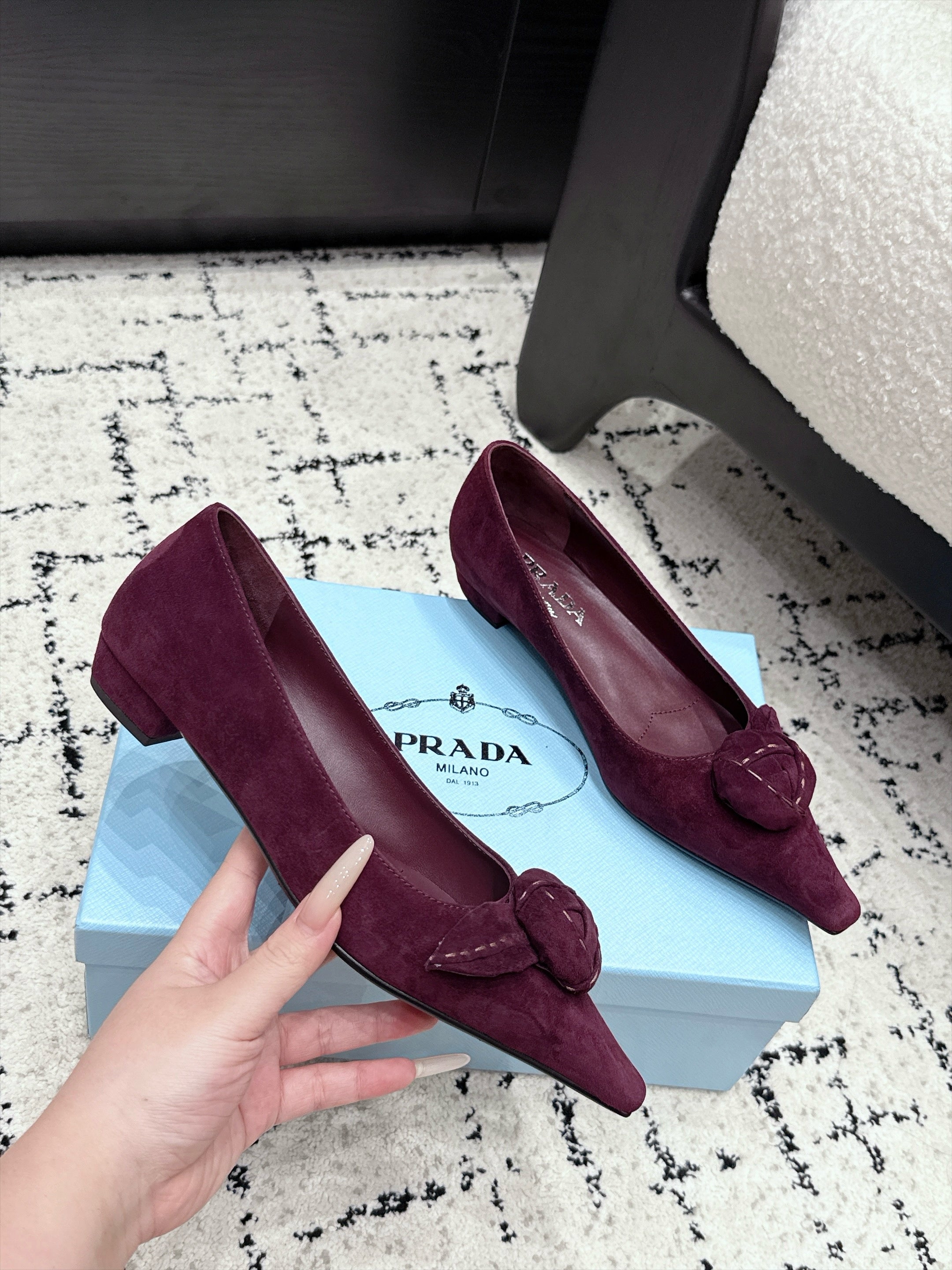 PRADA 26S POINTED-TOE BALLET IN BURGUNDY SUEDE